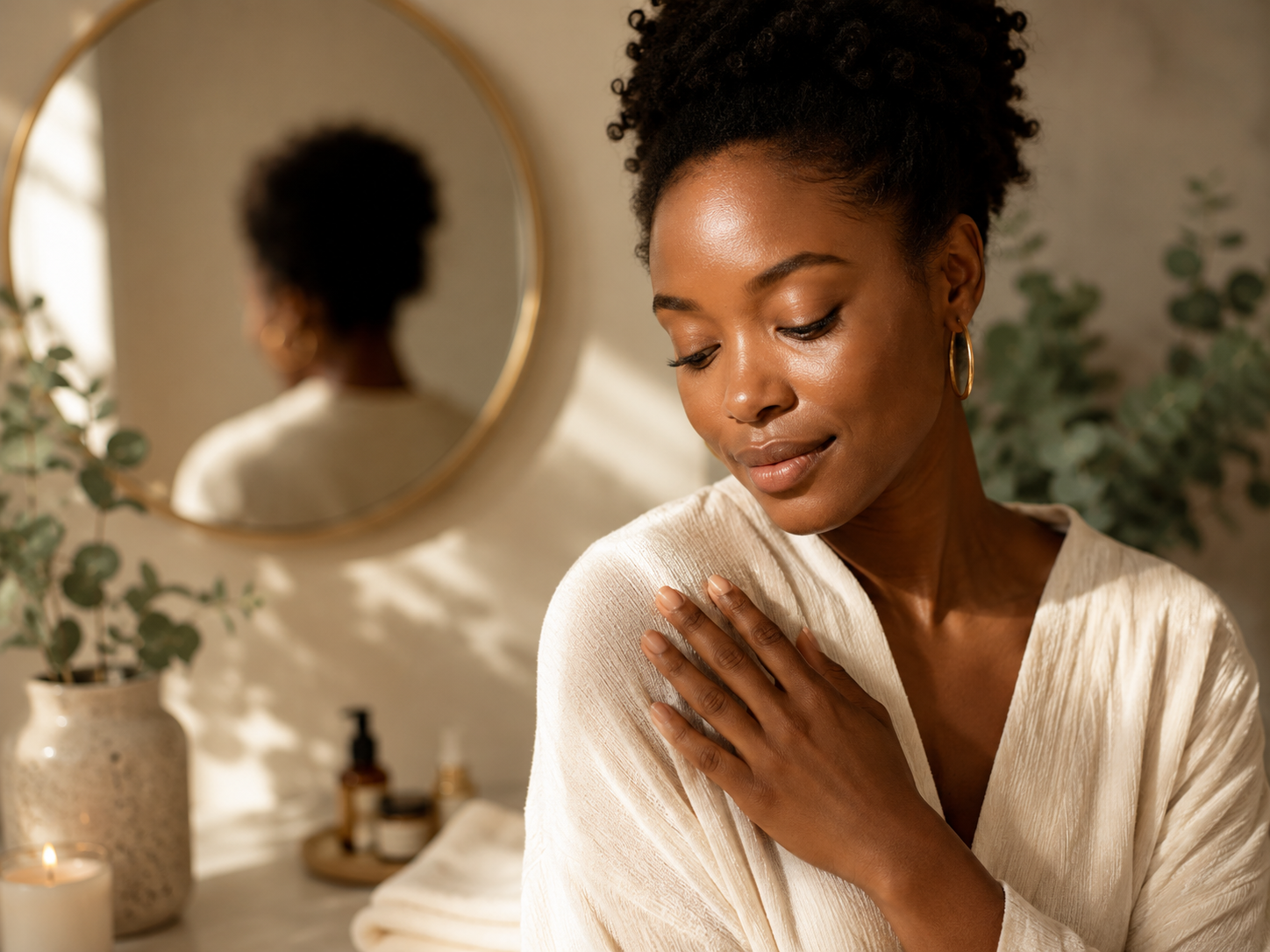 Woman in warm golden light reflecting on body love, self-care, and coming home to her body.