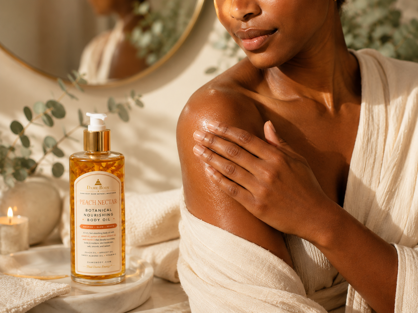 Close-up of botanical body oil being applied to glowing skin during a body love self-care ritual.