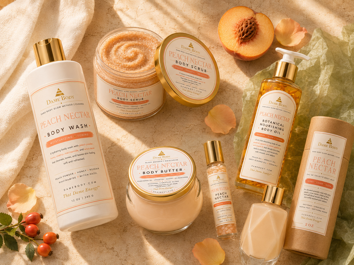 Dame Body Peach Nectar plant-based body care products styled for a cleanse, exfoliate, moisturize ritual.